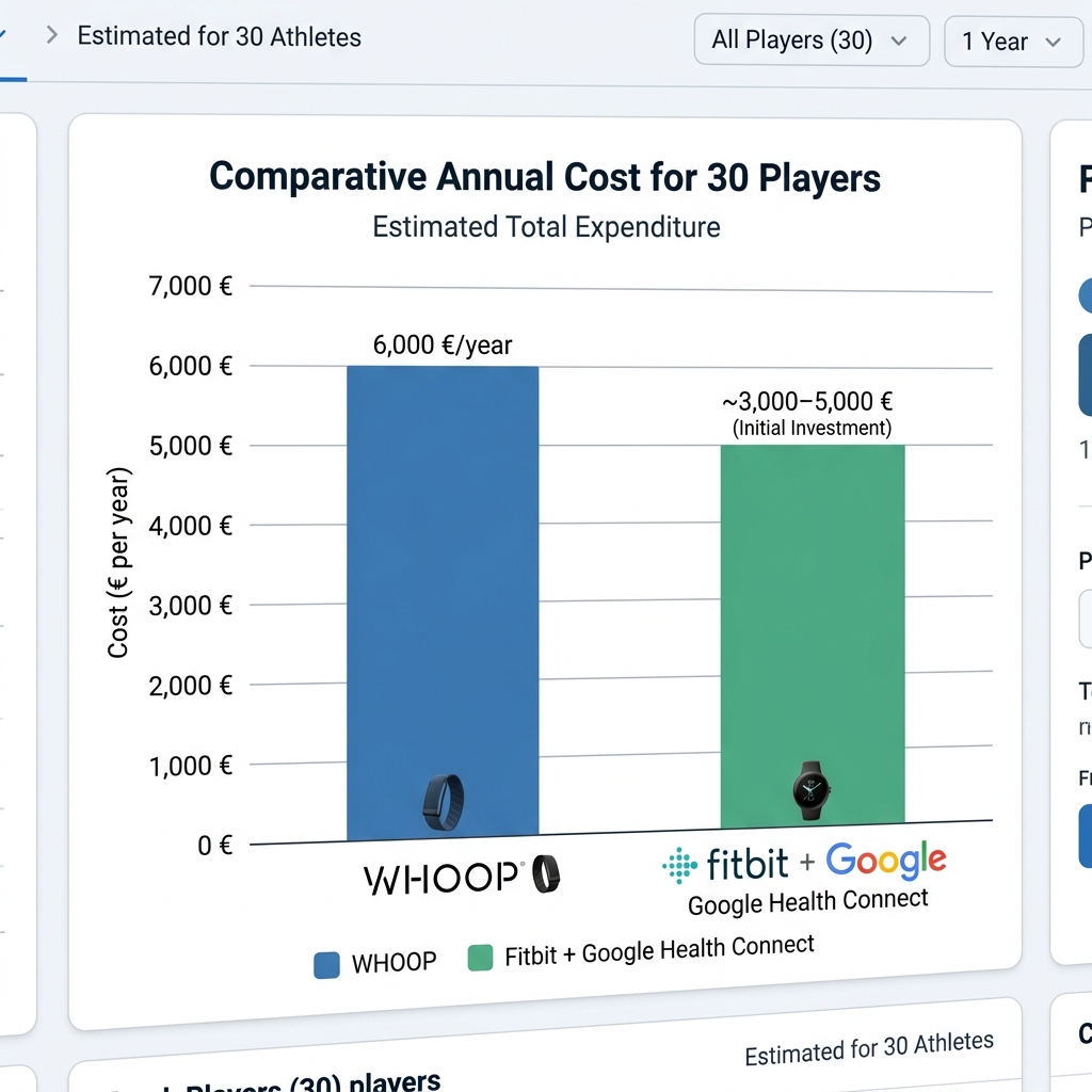 Comparación financiera de inversión Gráfico de barras comparativo de costes para 30 jugadores entre WHOOP y Fitbit
